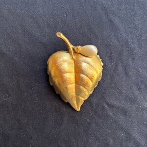Vintage Avon Gold Leaf Brooch with Pearl Accent - Solid Perfume Holder
